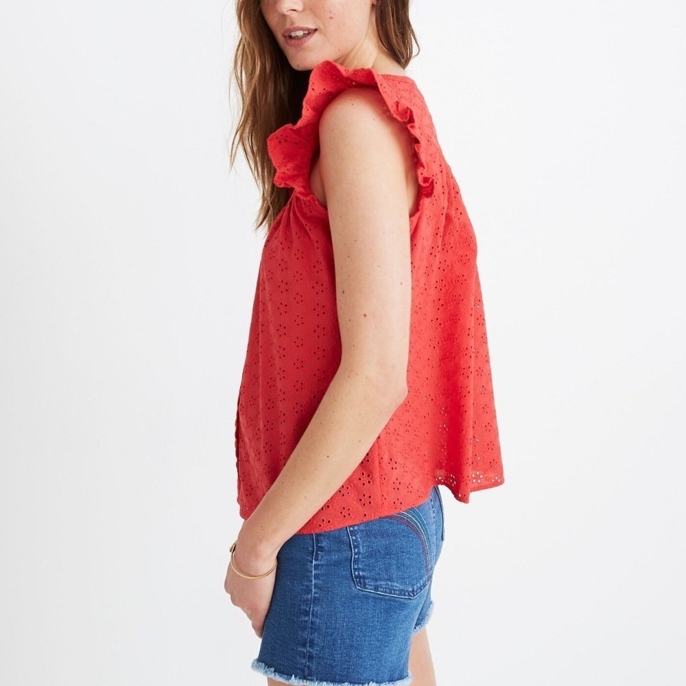Madewell Red Button Up Ruffle Sleeve Bib Top Sz M Summer Contemporary Babydoll - Picture 2 of 12